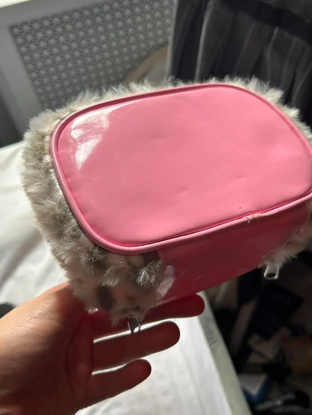 Light Pink Fluffy Small Makeup/ Toiletries Storage Bag with Handle and Cat Ears